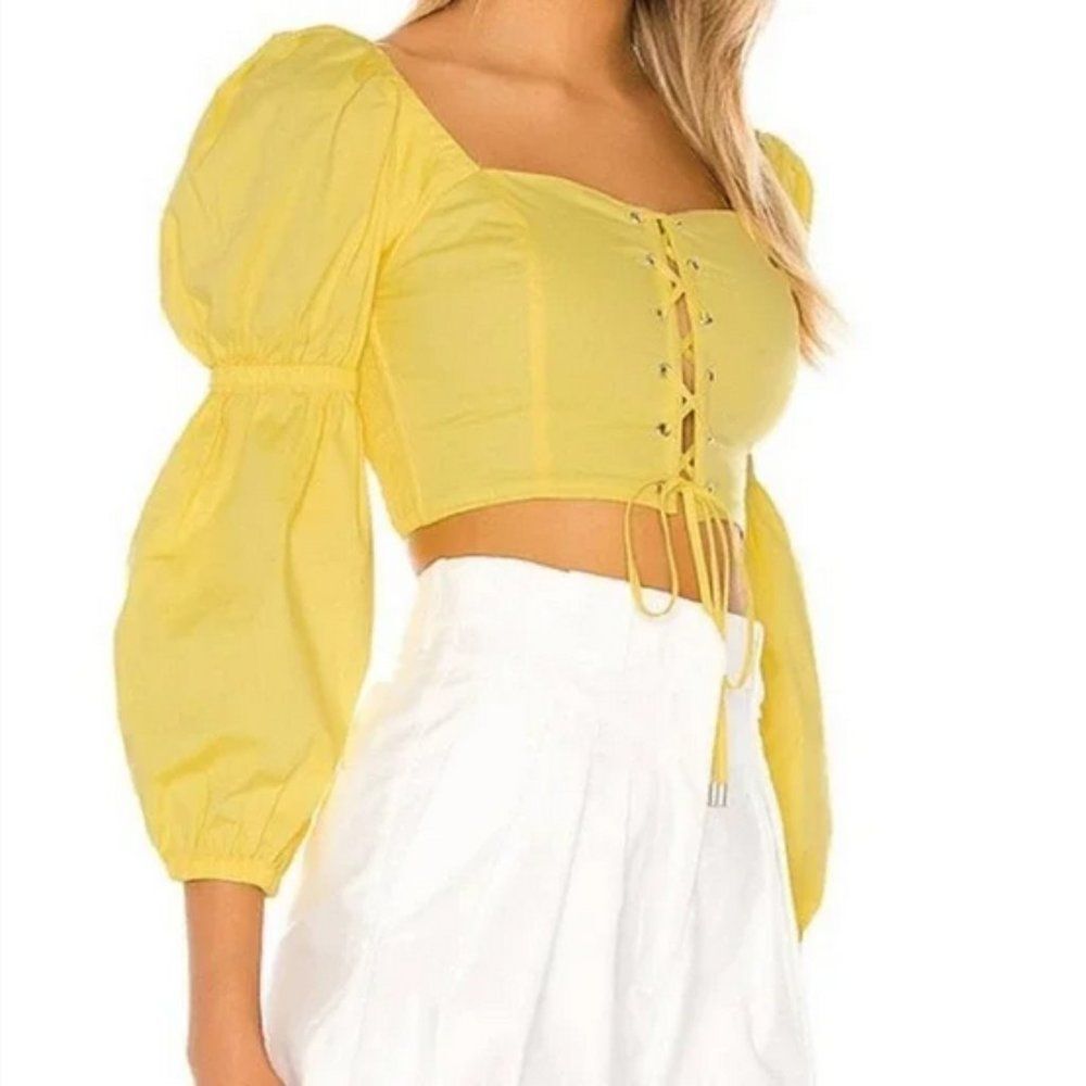 MAJORELLE Sienna Puff Sleeve Crop Top  in Yellow